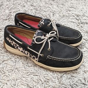 Sperry Black Leopard Leather Boat Shoes